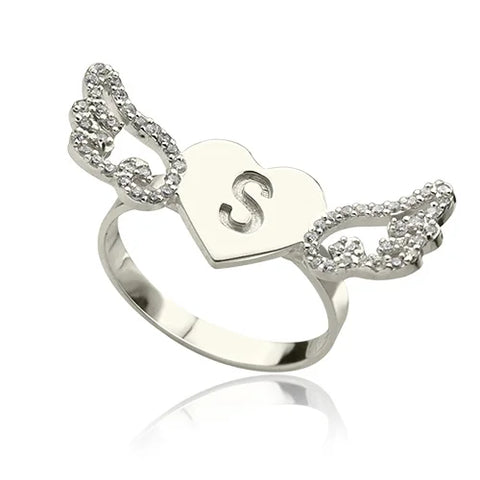 Heart Angel Wings Ring Engraved Initial & Birthstone Sterling Silver