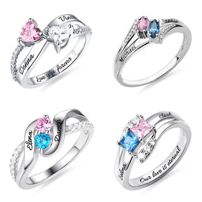 Personalized Engraved Double Birthstones with Diverse Shaped Promise Ring