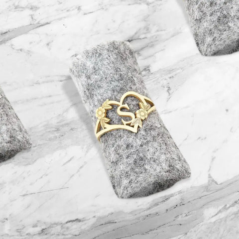 Custom Initial Heart and Flowers Ring